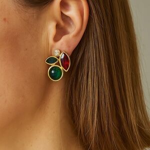Vintage Acrylic Stone Clip Earrings red green blue gold tone
